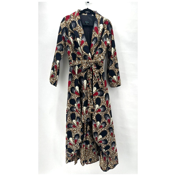 Ray Darten Omoefe African Print Wrap Jacket Dress Womens L Navy Red Ethnic Boho - Picture 3 of 12